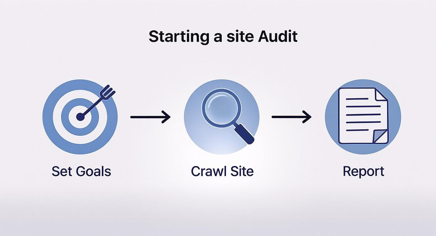 Site audit workflow diagram showing three steps: set goals with target icon, crawl site with magnifying glass, generate report document
