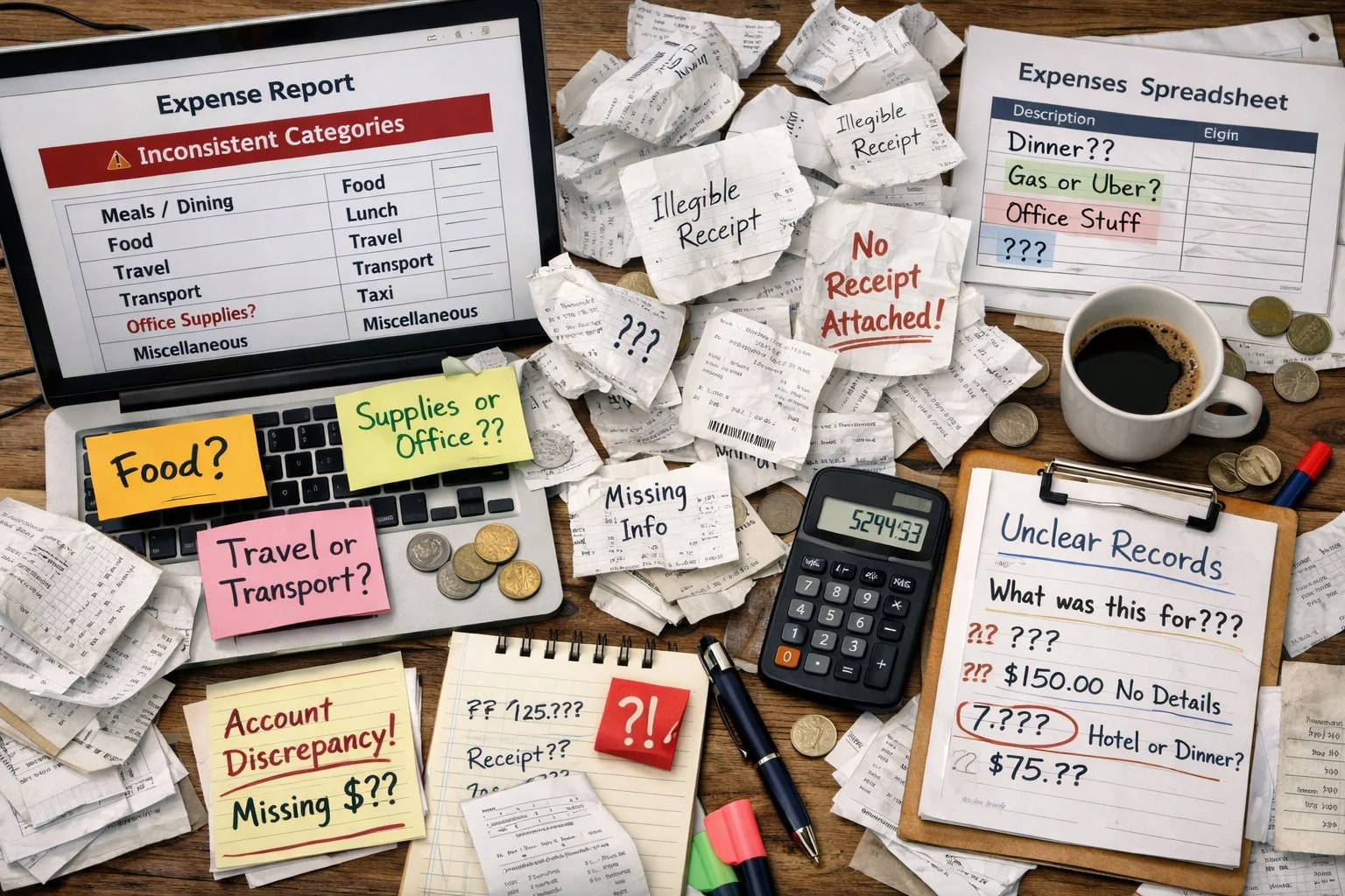Overhead view of accounting software with inconsistent expense categories, messy receipts, and unclear records, illustrating poor tracking habits.