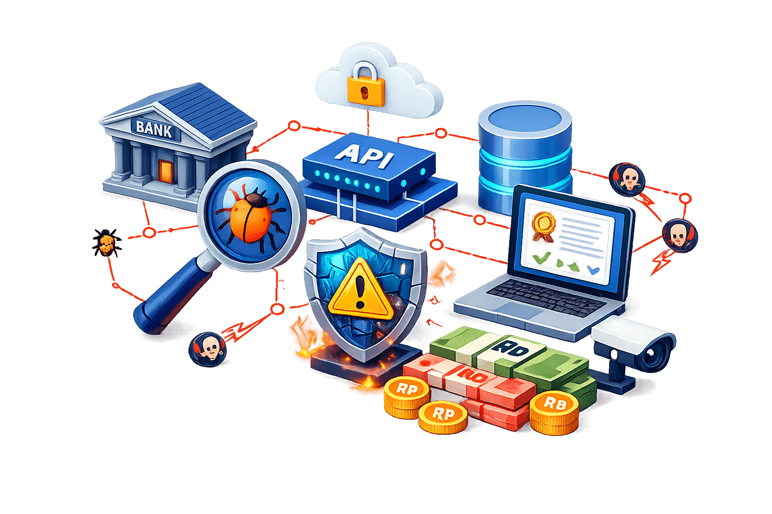 Ilustrasi deteksi ancaman & keamanan API pada ekosistem perbankan digital. Di tengah, modul API terhubung ke cloud bergembok, bank, database, dan laptop, namun jalur merah putus‑putus menandai aktivitas berisiko. Kaca pembesar dengan ikon bug menunjukkan proses inspeksi/monitoring.  Di bawah tengah, perisai peringatan (ikon segitiga) dengan api kecil melambangkan alert keamanan. Di kanan, laptop menampilkan sertifikat/approval, berdampingan kamera CCTV (pengawasan). Di sekitar jalur terlihat ikon tengkorak/petir sebagai simbol malware/serangan. Tumpukan uang dan koin Rp merepresentasikan aset finansial yang dilindungi. Visual menekankan API security, deteksi ancaman, dan perlindungan data keuangan end‑to‑end.