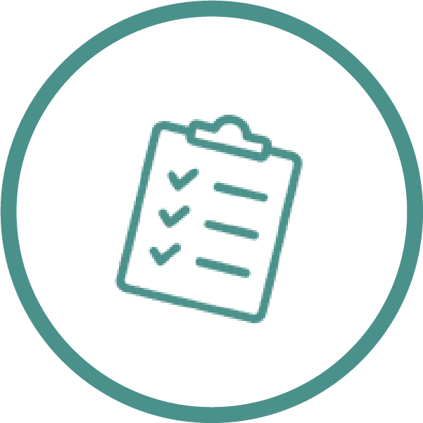 Teal line illustration of a checklist with checkmarks inside a circle