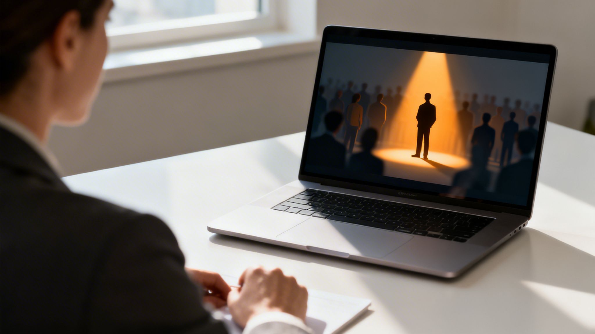 Persona observa una pantalla de portátil que muestra a un individuo destacado en un foco, rodeado de una multitud.