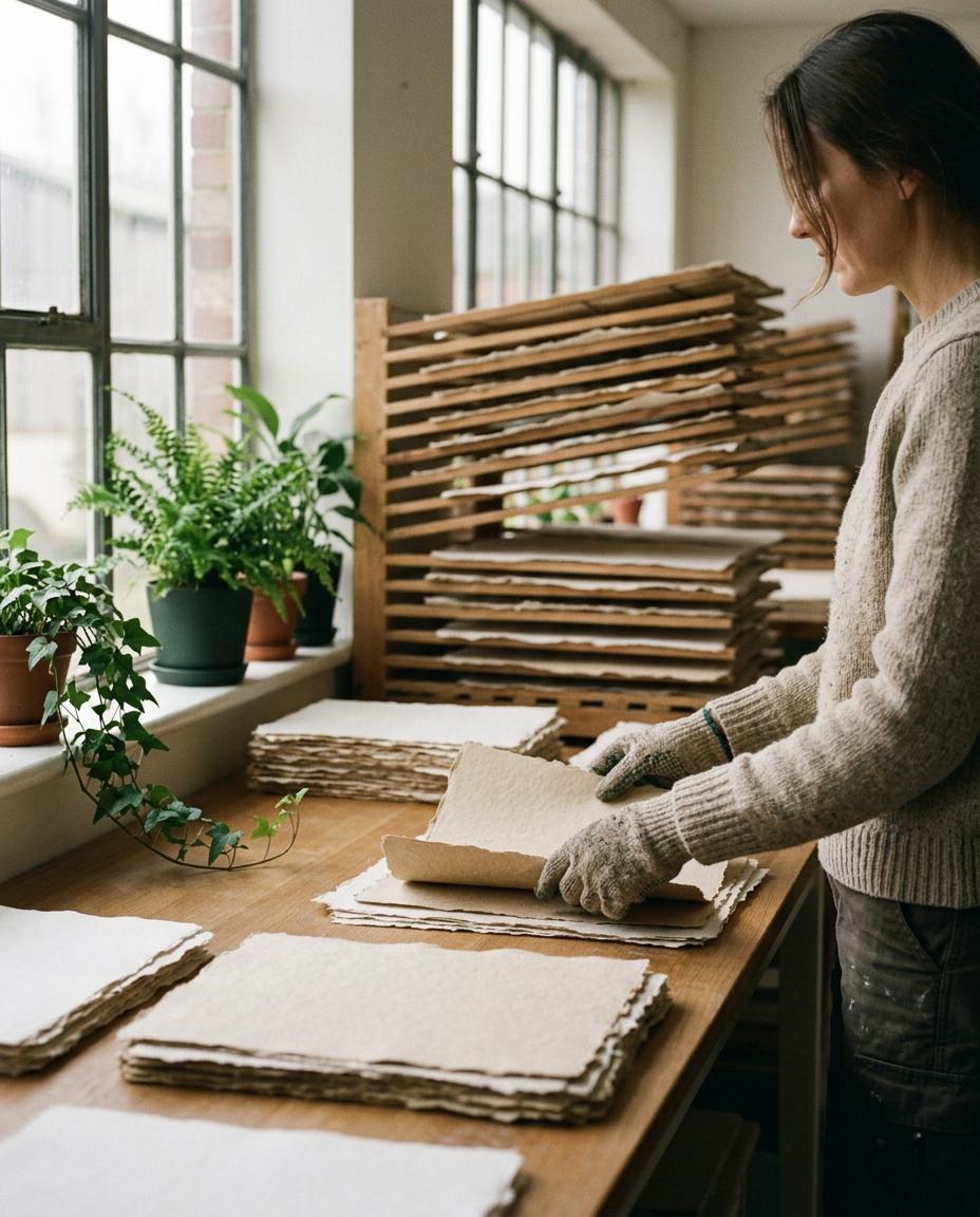 A woman in work gloves sorting sheets of handmade paper on a long wooden table in a bright workshop.