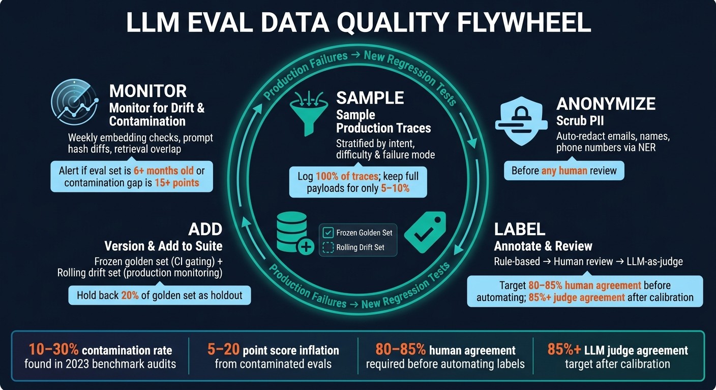 LLM Eval Data Quality Flywheel: From Production Traces to Regression Tests