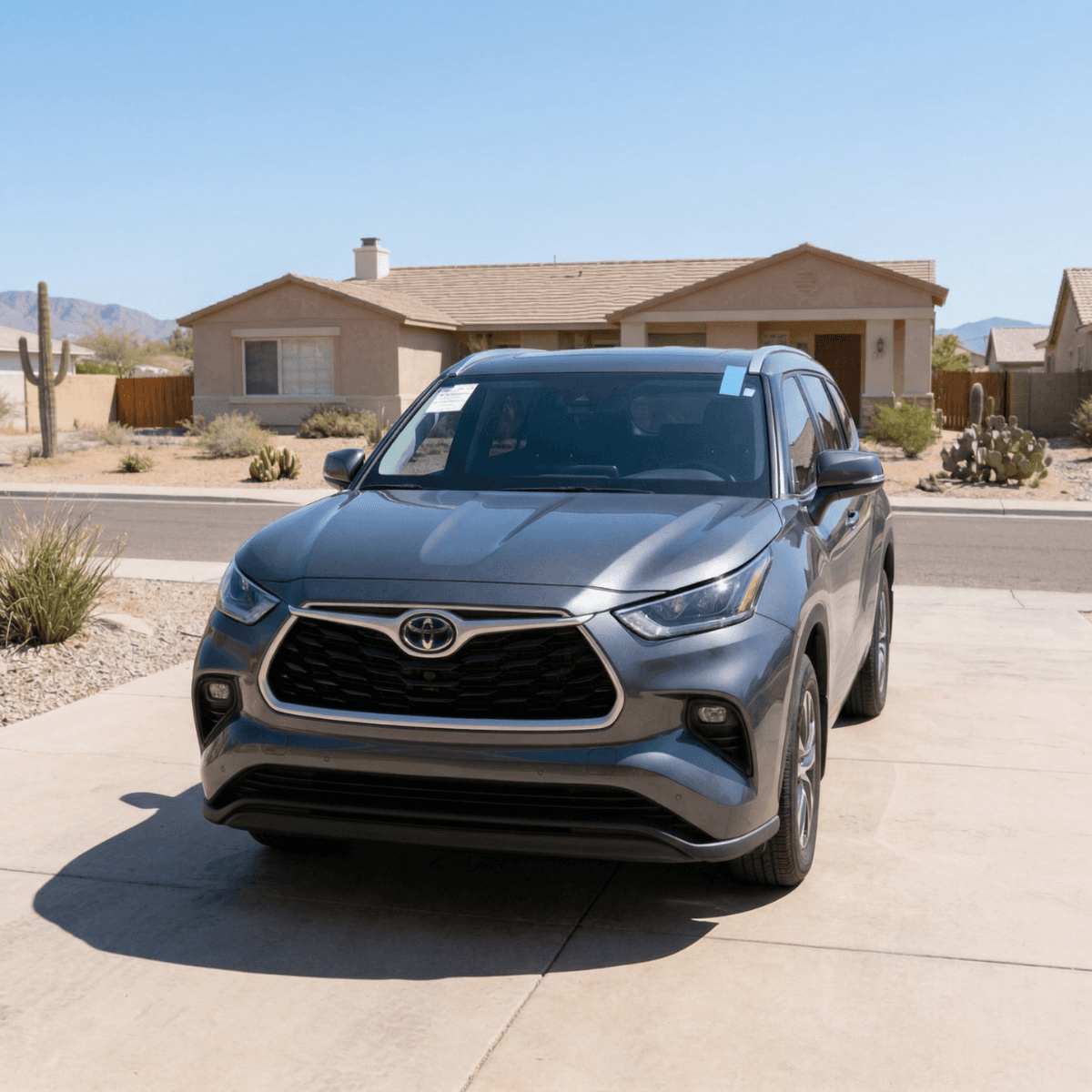 Silver Toyota Grand Highlander parked on a Lake Havasu City street after a smooth windshield replacement service