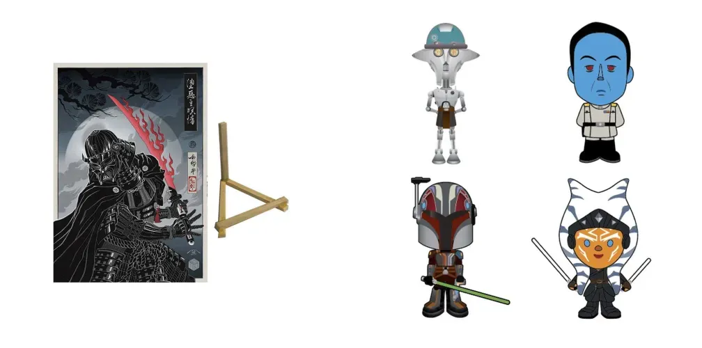 A Darth Vader Star wars Celebration Japan badge art pin with a display stand and a set of four pins including Huyang, Sabine Wren, Grand Admiral Thrawn, and Ahsoka Tano from the Ahsoka TV series