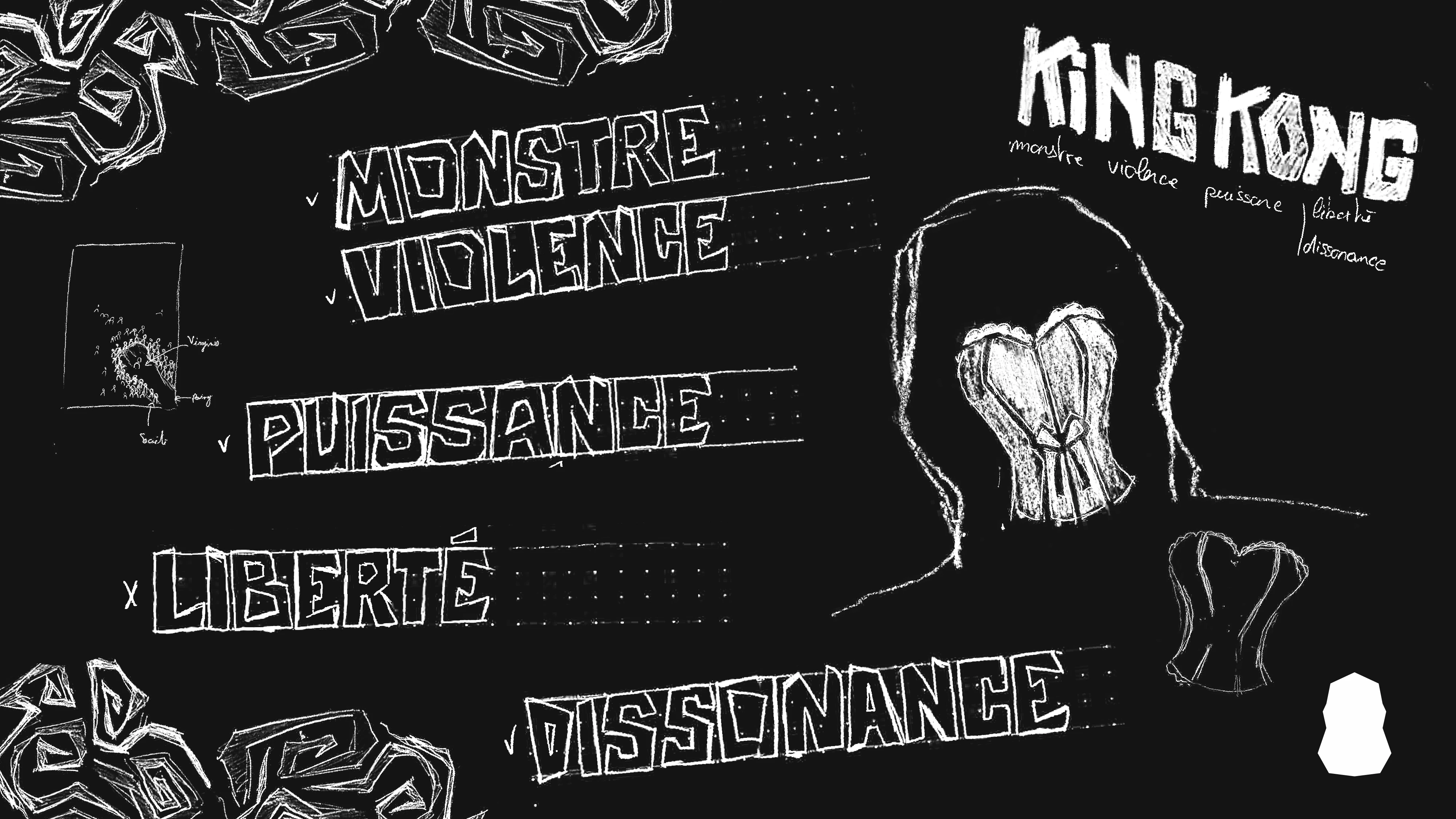 Black visual research board filled with white chalk-like sketches, typographic studies, and keywords including “monster,” “violence,” “power,” “freedom,” and “dissonance.”