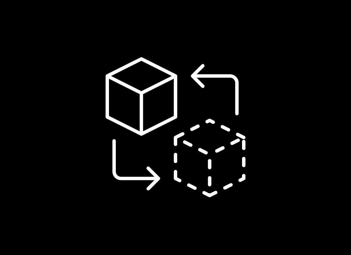 Line icon of a solid cube and a dashed cube connected by two arrows forming a closed loop