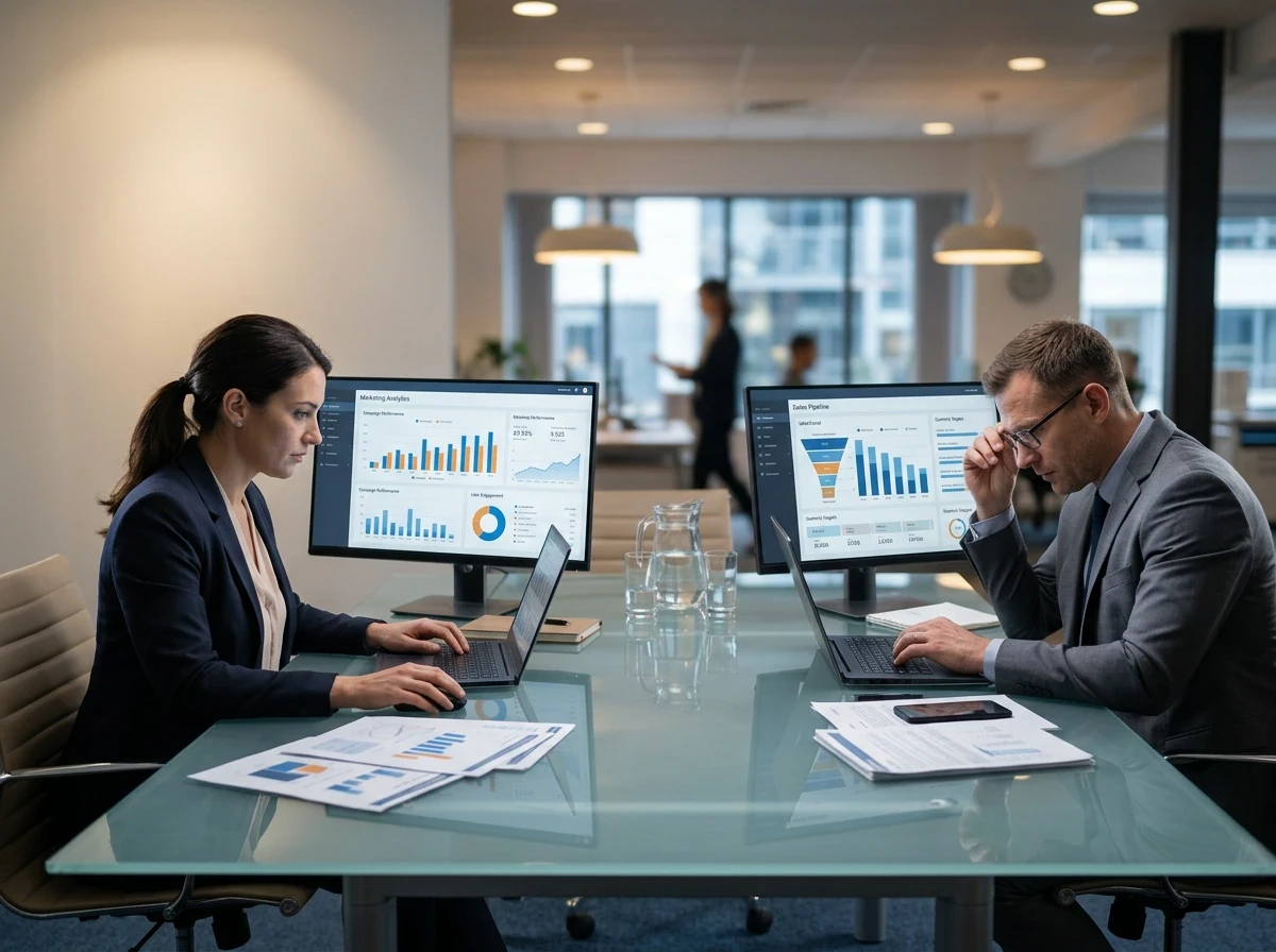 Profissional de marketing e profissional comercial sentados em lados opostos de uma mesa de escritorio, cada um olhando para seu proprio monitor com dashboards diferentes, representando o desalinhamento entre os dois times