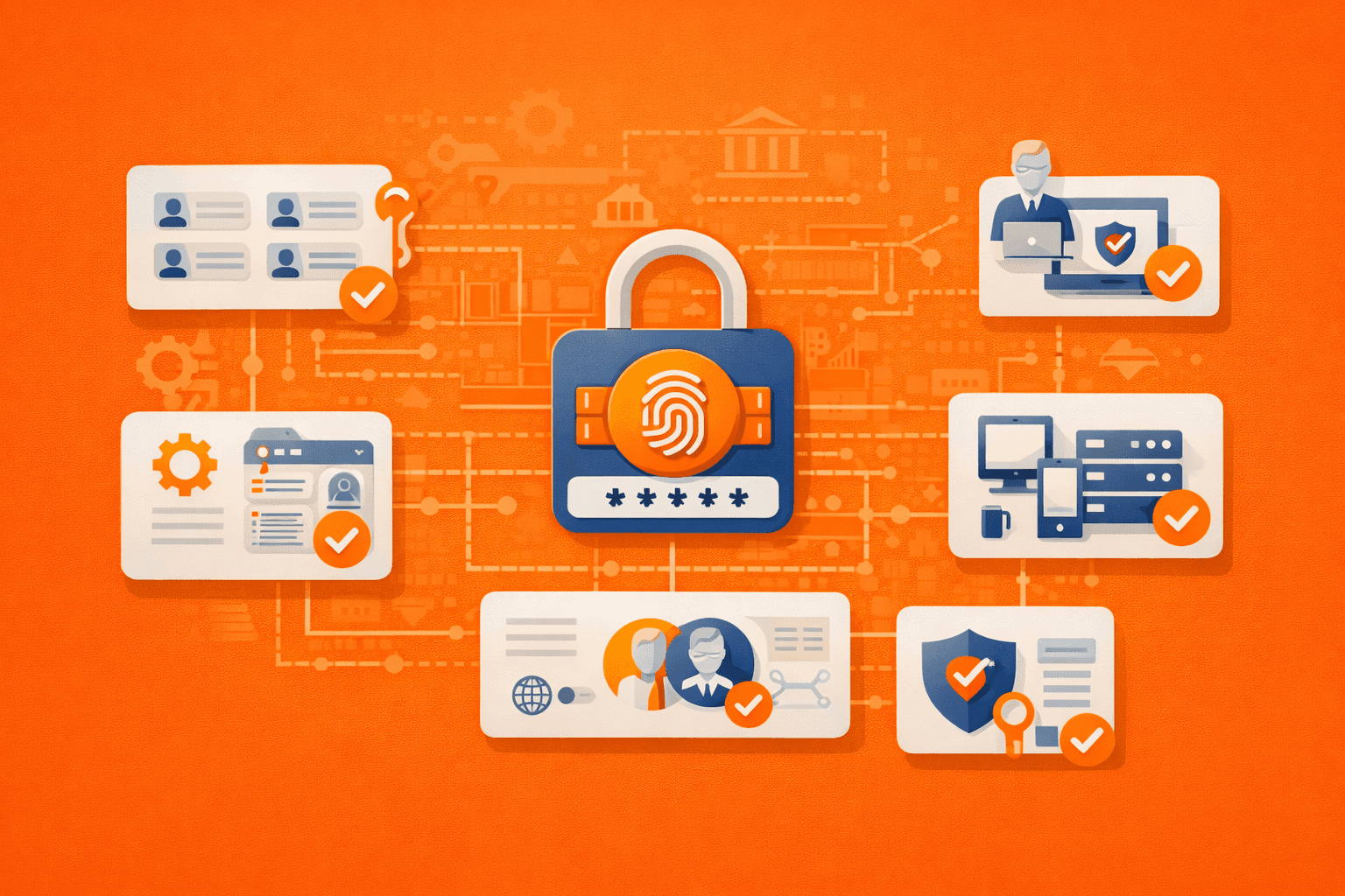 Ilustrasi digital bergaya 3D dengan latar belakang oranye yang menggambarkan sistem keamanan otentikasi multifaktor, menampilkan ikon gembok besar di bagian tengah yang dilengkapi dengan pemindai sidik jari dan kolom kata sandi. Gembok ini dikelilingi oleh enam panel satelit yang terhubung melalui jalur sirkuit, menunjukkan berbagai metode verifikasi seperti identitas pengguna, perlindungan perangkat lunak, keamanan server, dan otentikasi biometrik, di mana setiap panel ditandai dengan ikon centang oranye untuk melambangkan akses yang aman dan tervalidasi.