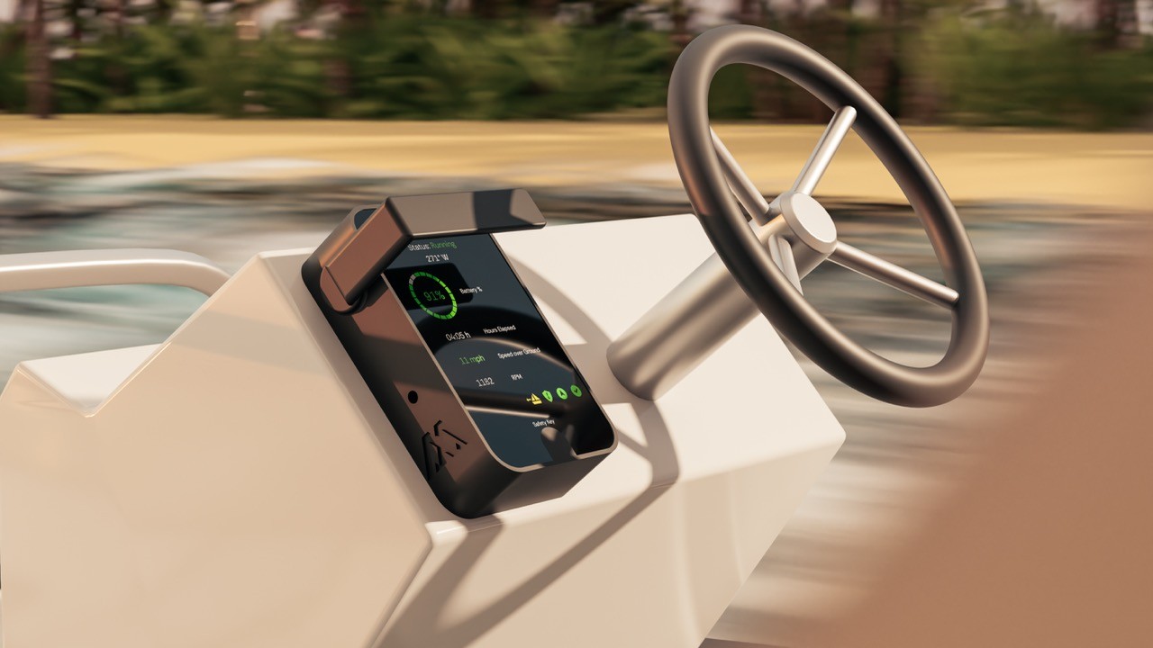Blade outboard motor control display on a moving boat showing "Status: Running," 91% battery, speed and RPM readouts, with a blurred lakeside shoreline rushing past in the background.