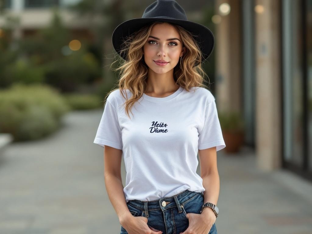 Woman wearing a white t-shirt and a black hat