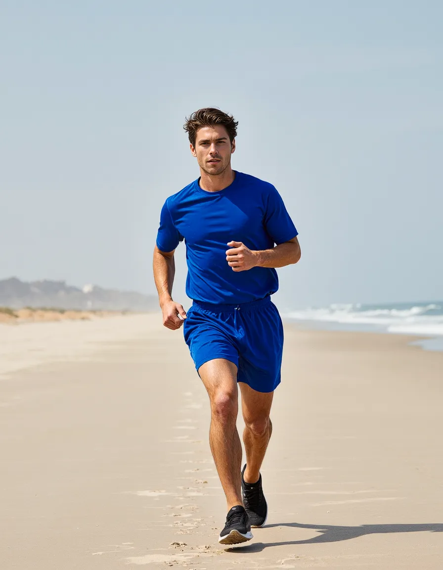 Person jogging on sandy beach wearing bright blue athletic outfit, showcasing dynamic sportswear photography against ocean backdrop