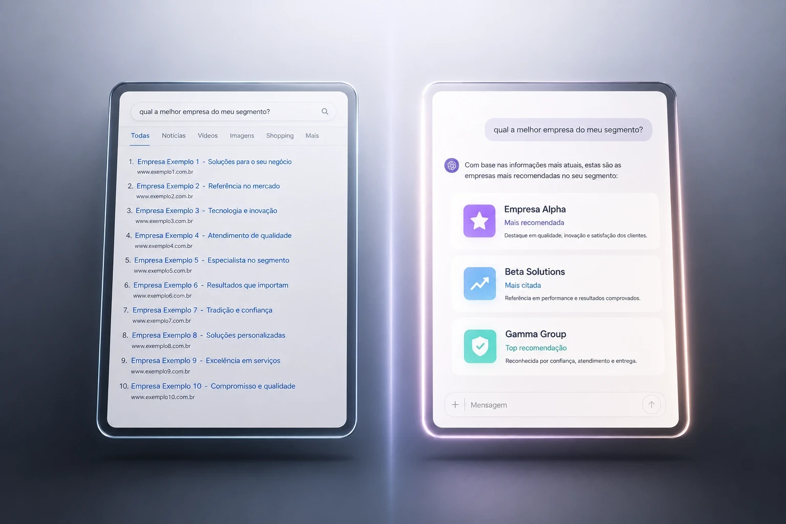 Comparativo visual lado a lado mostrando dois tablets: à esquerda, página de resultados tradicional do Google com lista numerada de dez links; à direita, resposta conversacional de IA destacando três empresas recomendadas, evidenciando a diferença entre SEO e AEO.