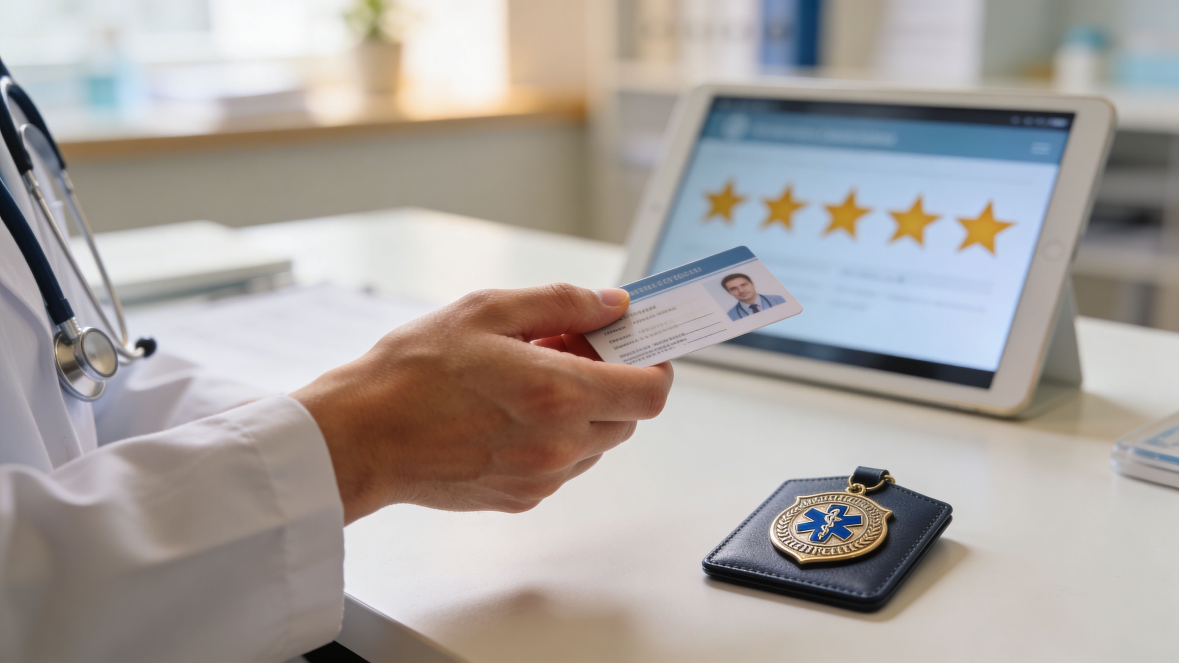 A medical professional holding a professional identification card with a digital rating screen and medical badge nearby.
