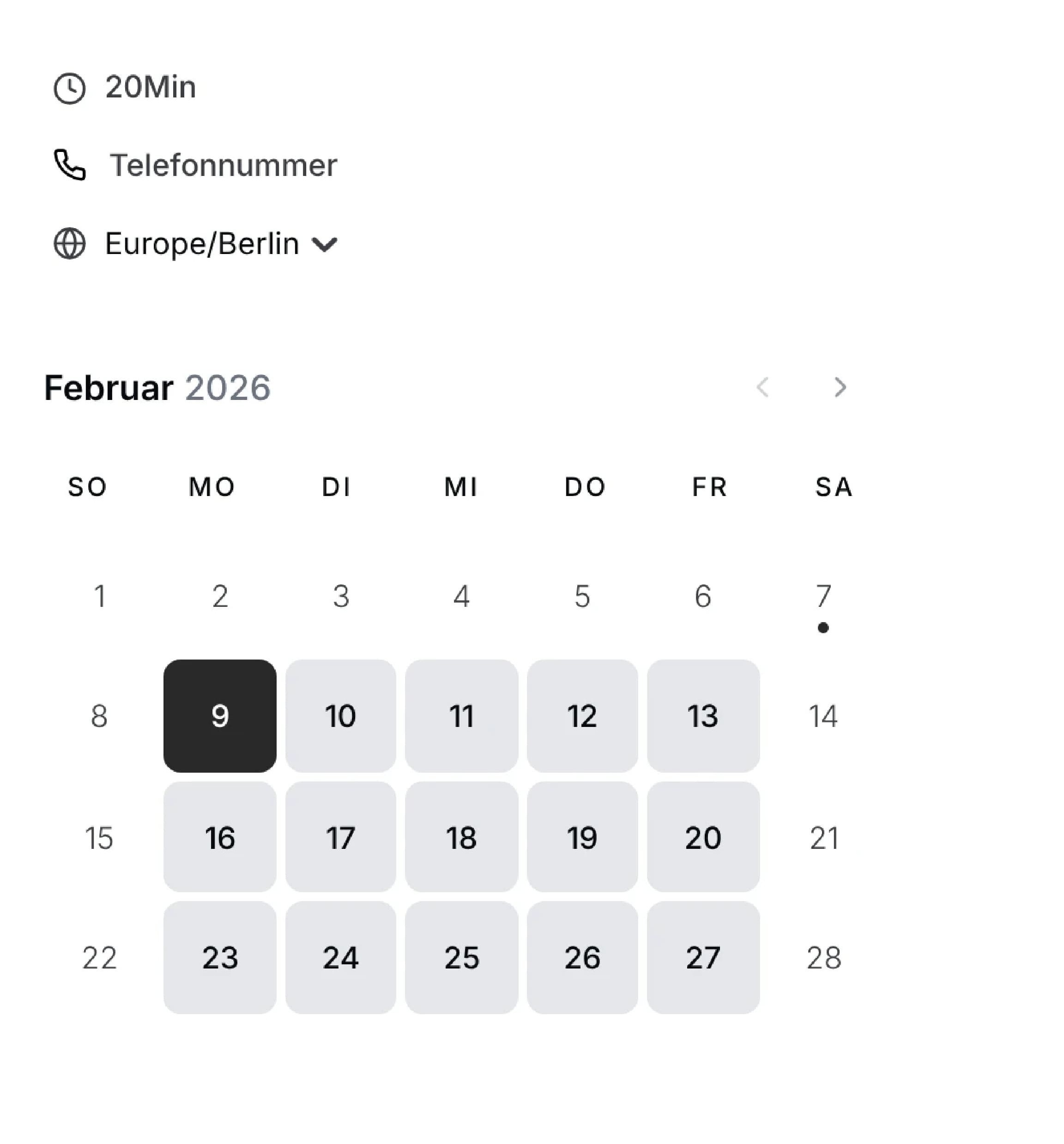 Terminplanung Kalender Februar 2026, verfügbar der 9. Februar