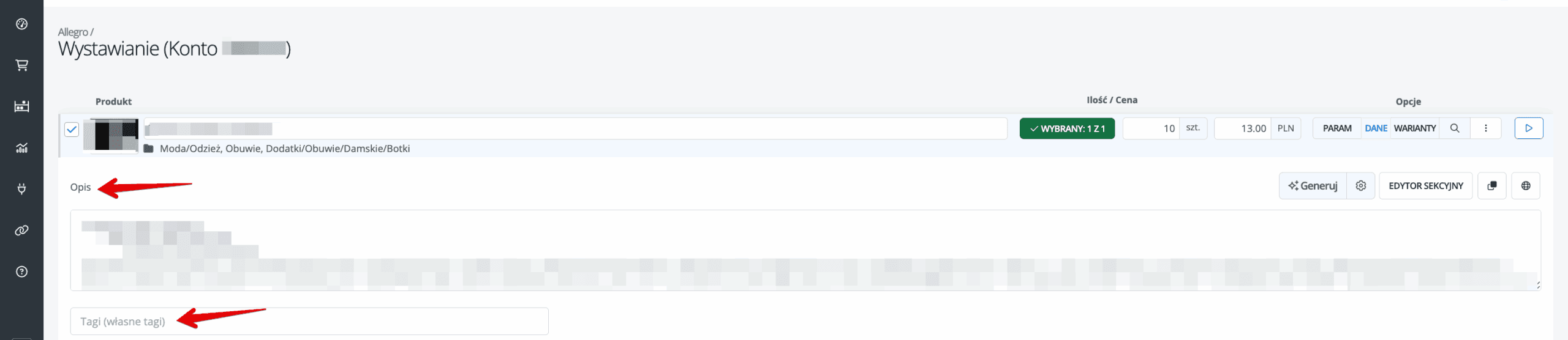 Sekcja Dane na formularzu wystawiania oferty w Base.com