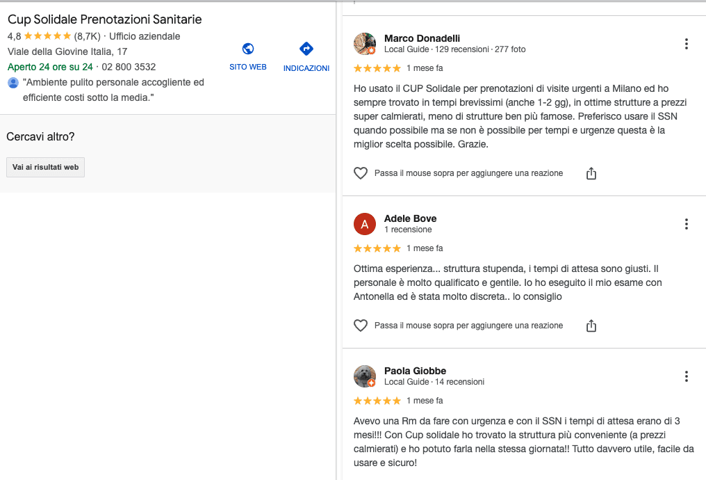 Cup Solidale Google Business listing showing 4.8-star rating from 8,700+ reviews with customer testimonials praising fast booking times, competitive pricing, and efficient service for urgent medical appointments in Milan - customer satisfaction results from Alessandro Brancati Marketing & Growth Studio strategic intervention