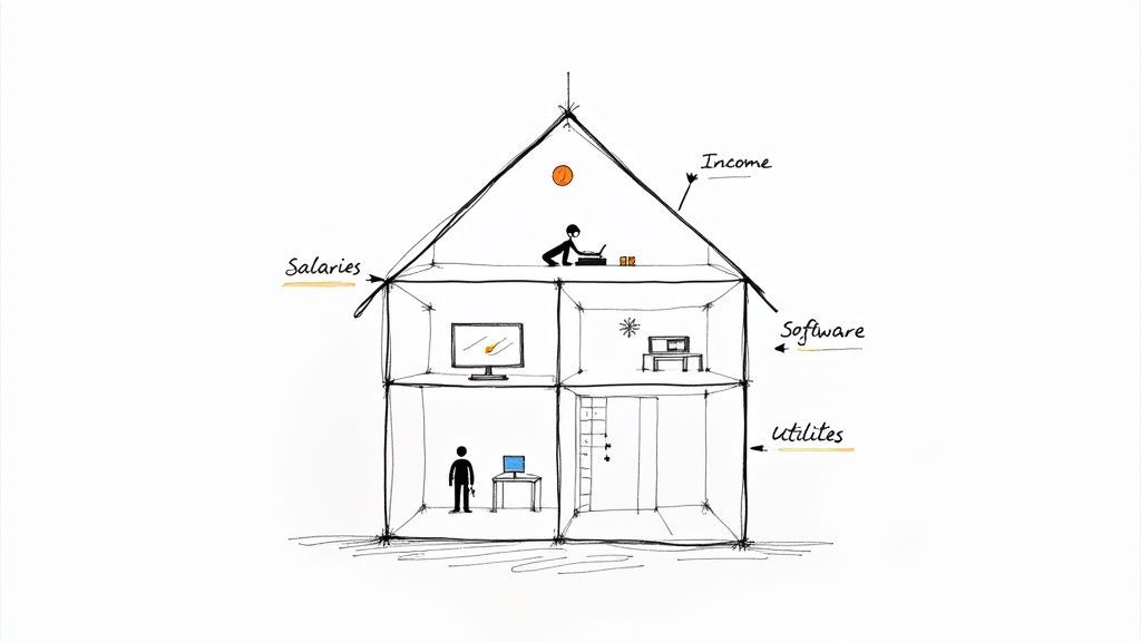 Sketch of a multi-level house diagramming financial concepts: income, salaries, software, and utilities at various levels.