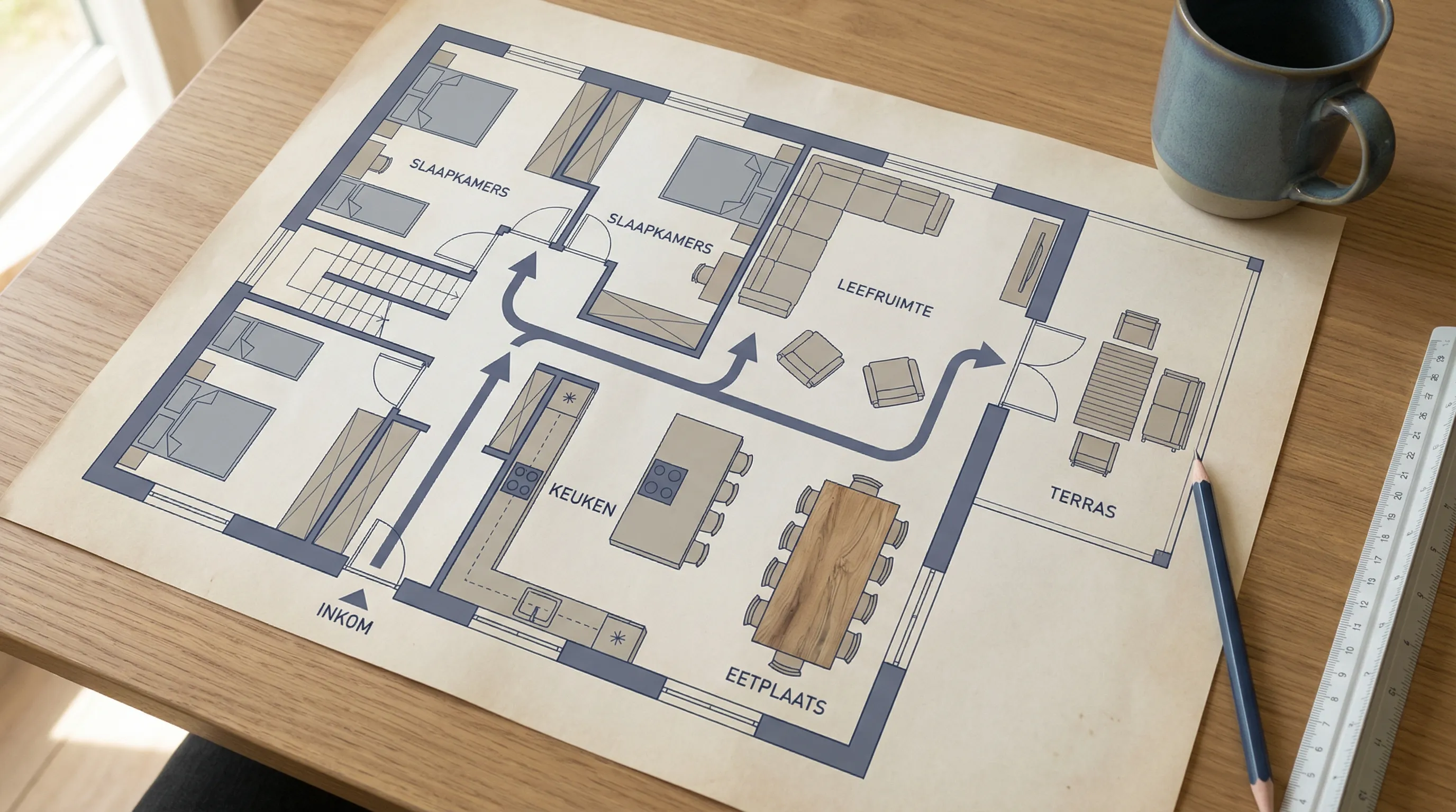 Schematische plattegrond van een gezinswoning met ingetekende meubels op schaal (zetel, eettafel, keukenblok, bedden) en pijlen die de belangrijkste looplijnen tonen van inkom naar leefruimte en naar terras.
