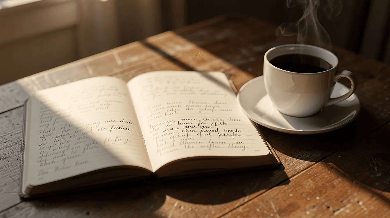 An open journal rests beside a steaming cup of coffee on a rustic wooden table, illuminated by soft morning light, suggesting a moment of reflection on financial decisions and planning for newfound wealth. The scene evokes a sense of calm and contemplation, ideal for considering smart financial decisions and long-term goals.