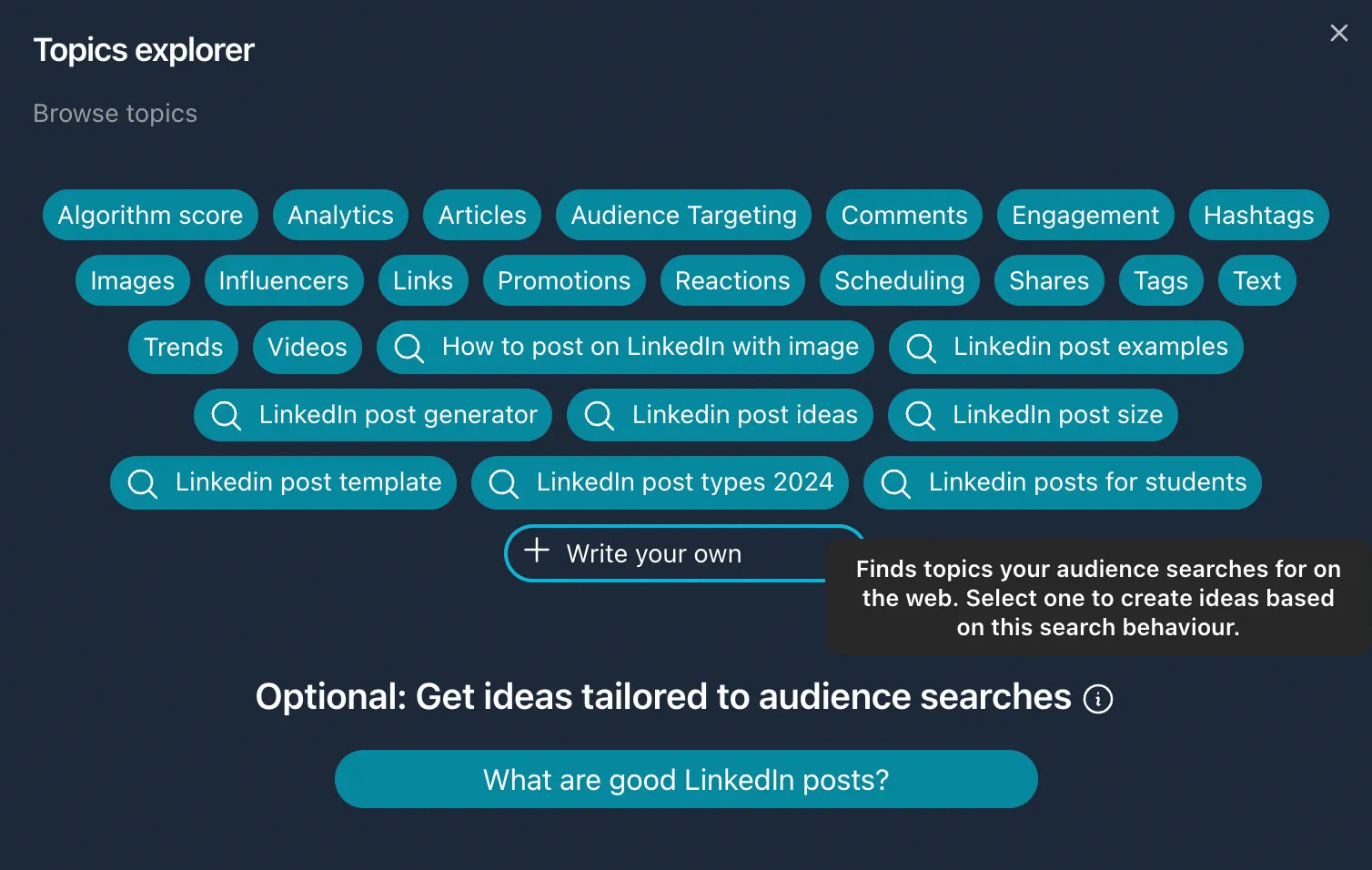 Screenshot of the Postline.ai topic explorer. Find trends the audience is searching for