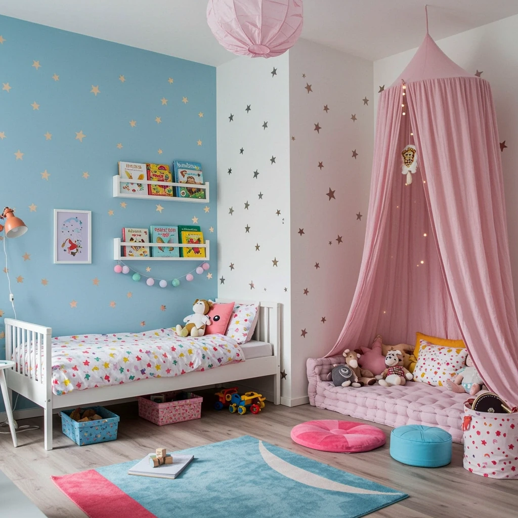 Whimsical children’s bedroom with a blue and white star-patterned feature wall, a white toddler bed with colorful bedding, floating bookshelves, and a cozy pink canopy reading nook with plush cushions and stuffed animals.