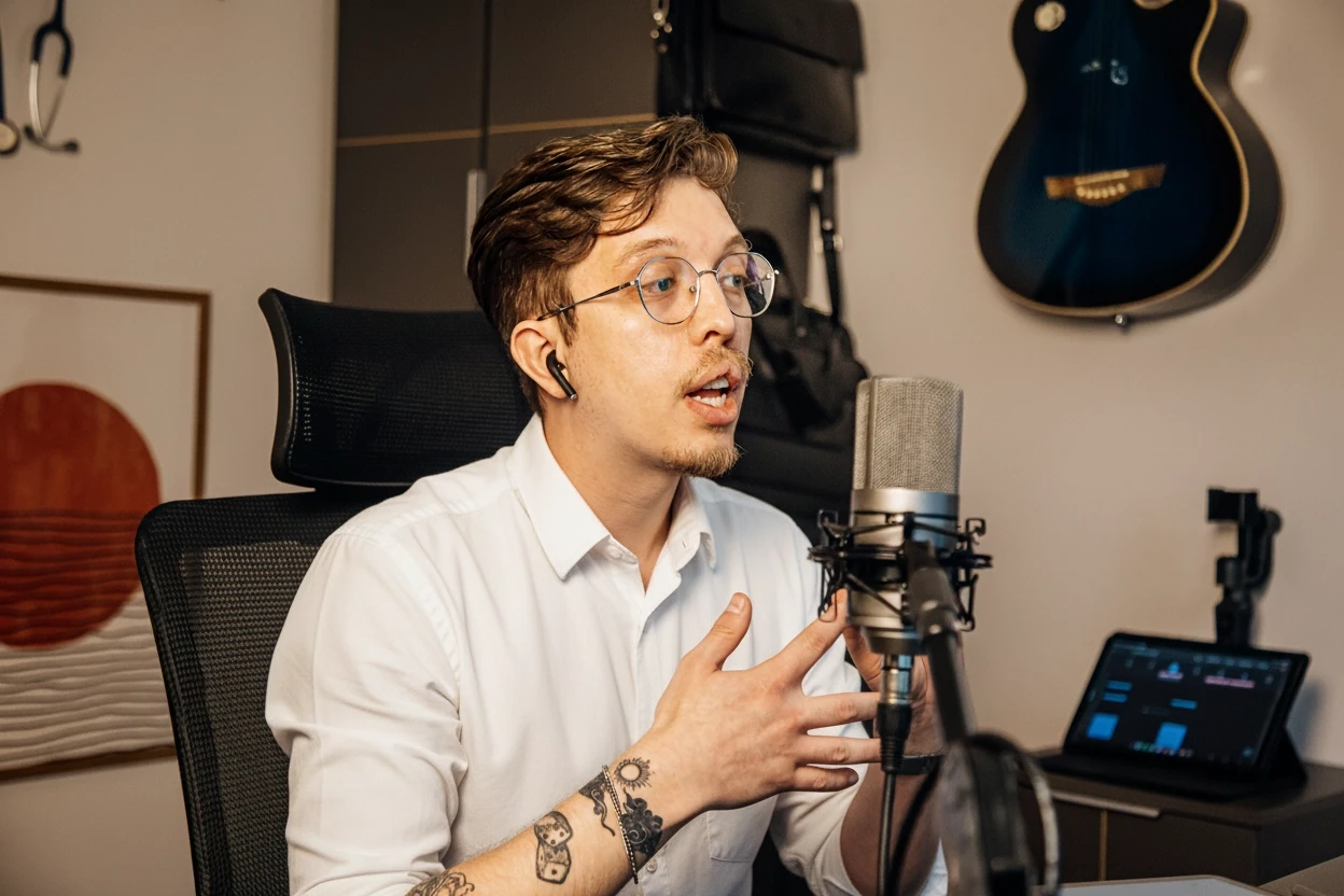 Homem jovem com óculos e tatuagens, vestindo camisa branca, gravando um podcast ou live stream em um microfone profissional. Ele está sentado em uma cadeira de escritório e gesticula com as mãos. No fundo, um home studio com um violão acústico azul pendurado, um estetoscópio e um tablet exibindo software de áudio.