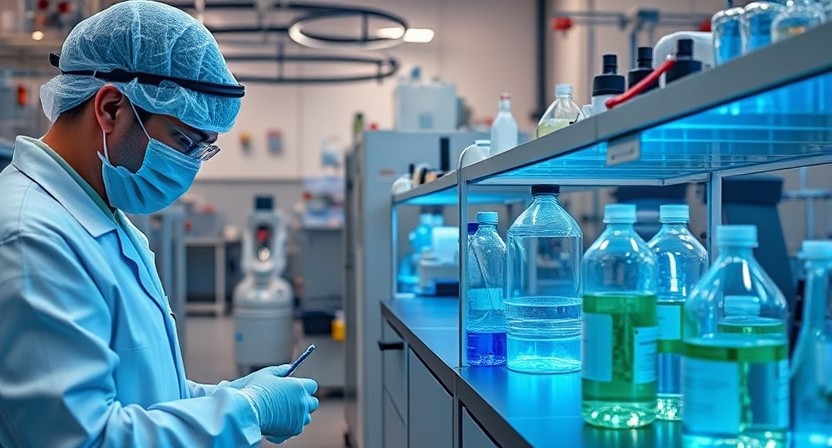 A man in a lab coat conducts experiments at a lab bench, surrounded by scientific equipment and materials.