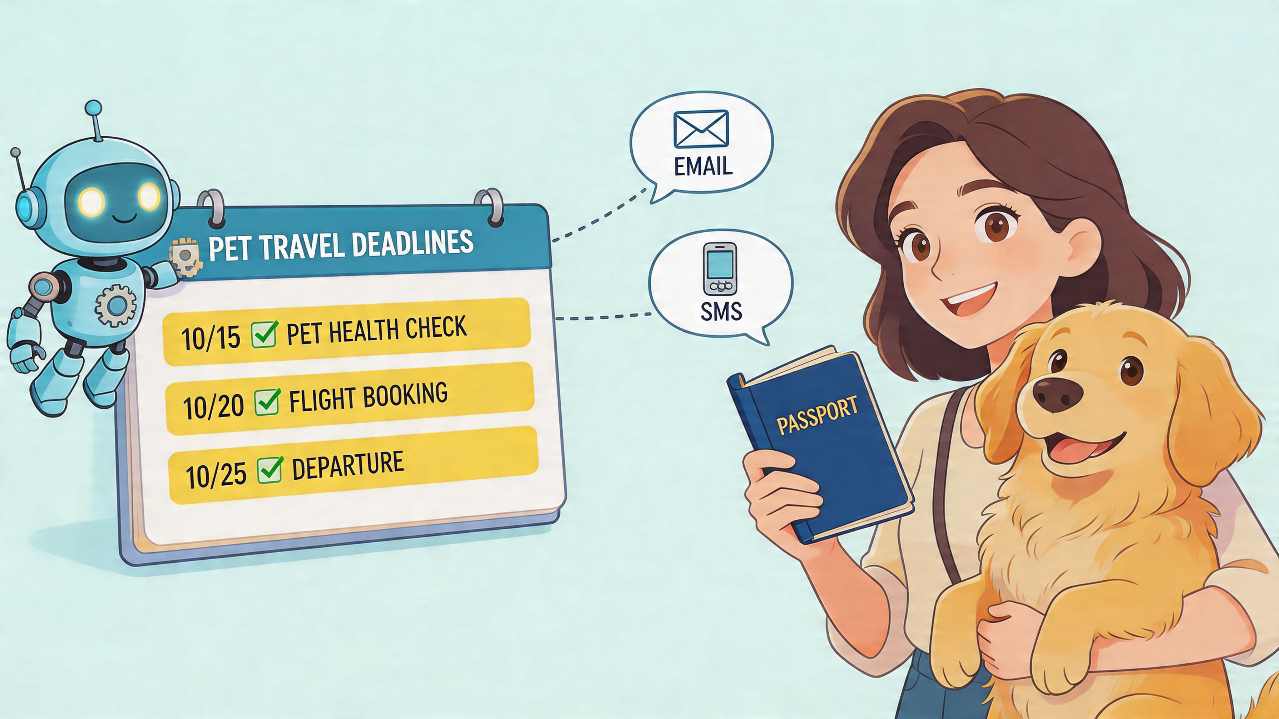 A friendly robot manages pet travel deadlines for a woman holding her dog and a pet passport.