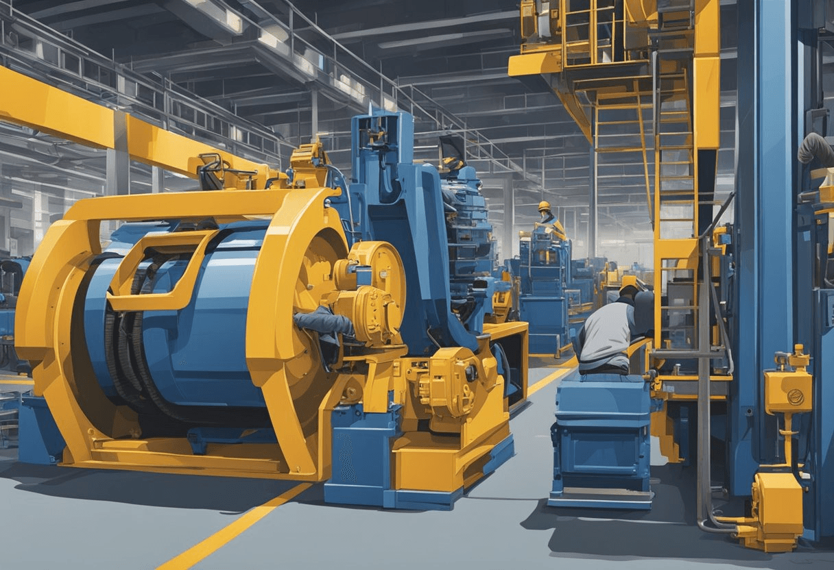 A blue collar worker operating heavy machinery in a bustling industrial factory