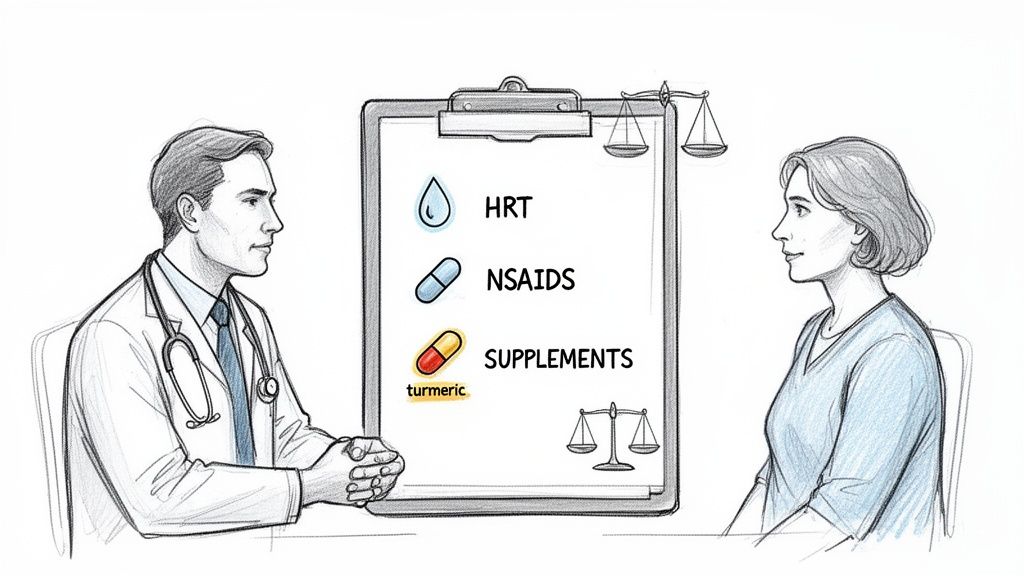 A doctor and patient discuss HRT, NSAIDs, and supplements like turmeric, weighing treatment options.