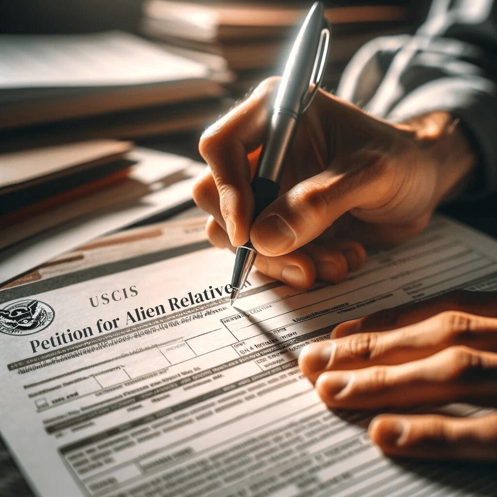 Close-up view of hands filling out Form I-130, Petition for Alien Relative, with a pen on a desk, symbolizing the initial step towards achieving family reunification through the IR5 visa. The image conveys the seriousness and importance of the application process, evoking a sense of commitment and hope in beginning the journey to reunification in the U.S.