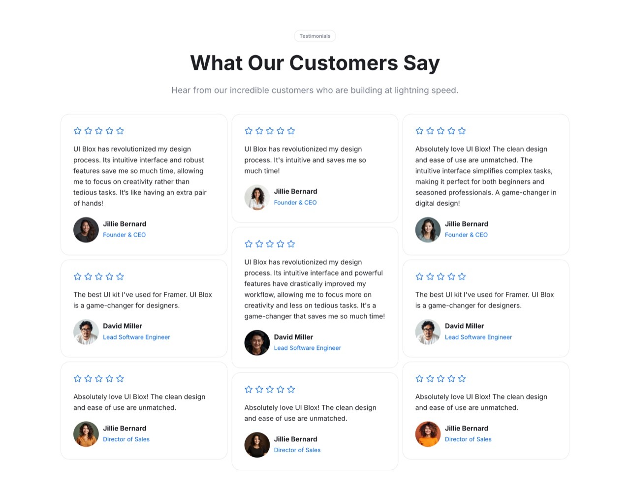 Framer Testimonials Section - Frameblox UI