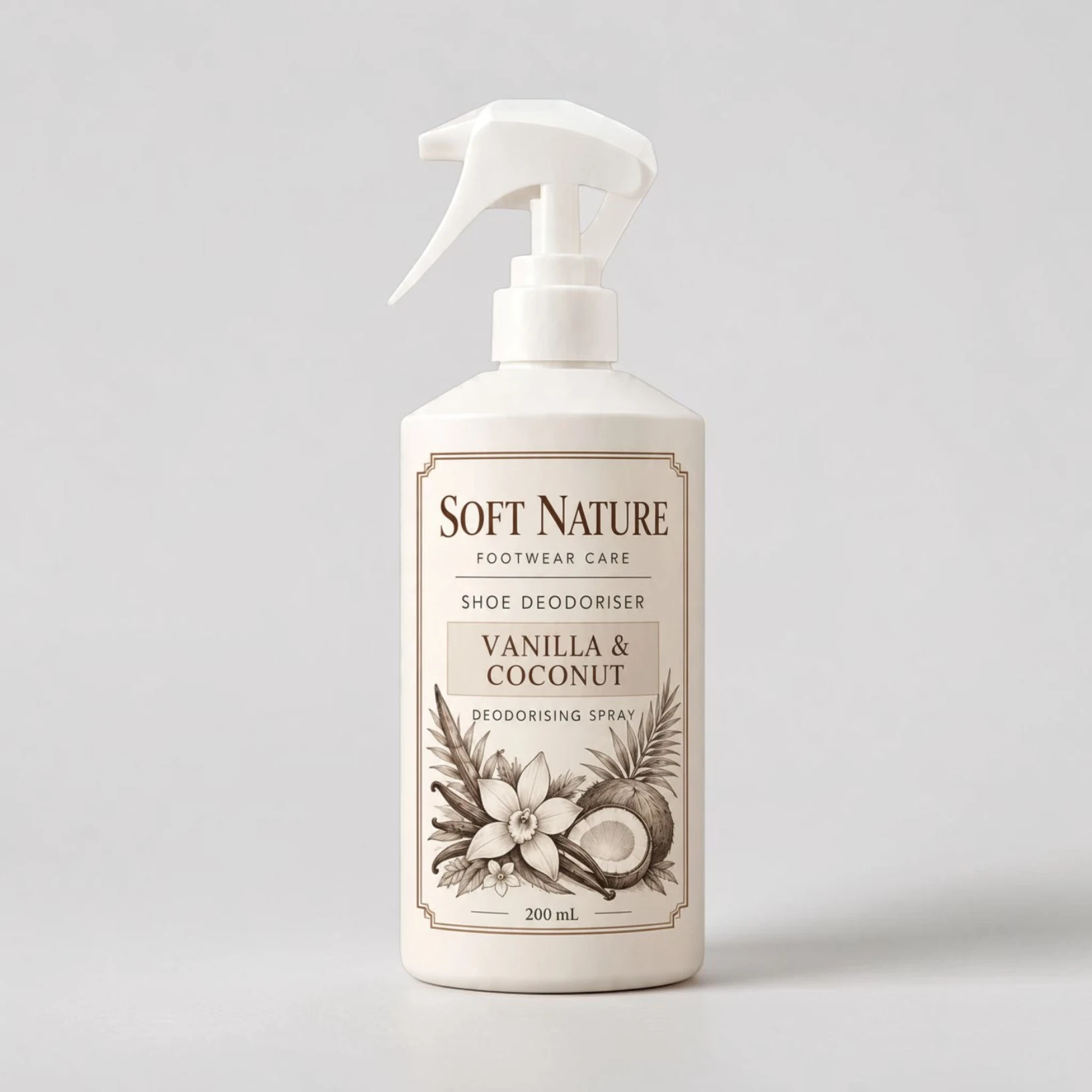 SOFT NATURE shoe deodorizing spray in a fine mist spray bottle, supplied by JIAH.