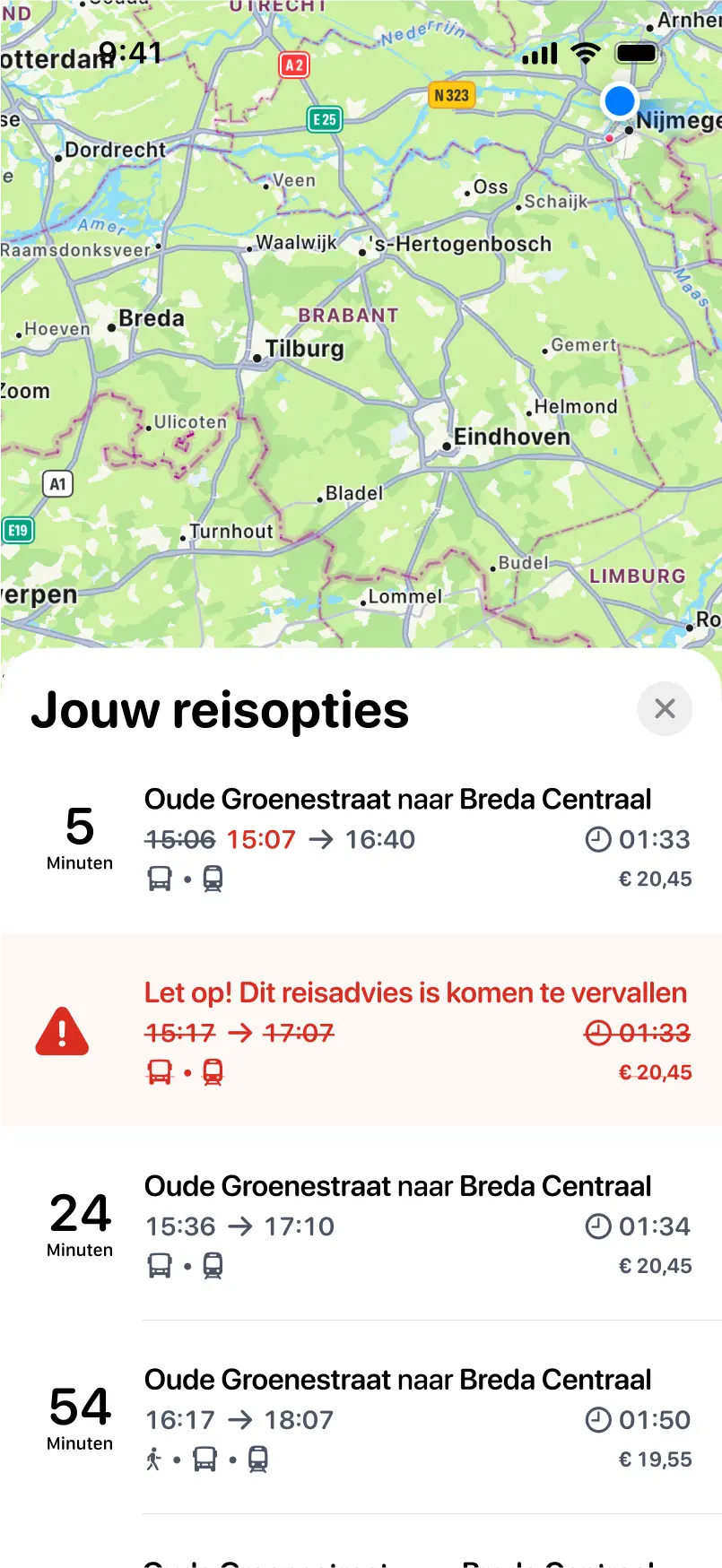 Dutch travel app showing travel options, route from Oude Groenestraat to Breda Centraal. Alert: travel advisory will be canceled.