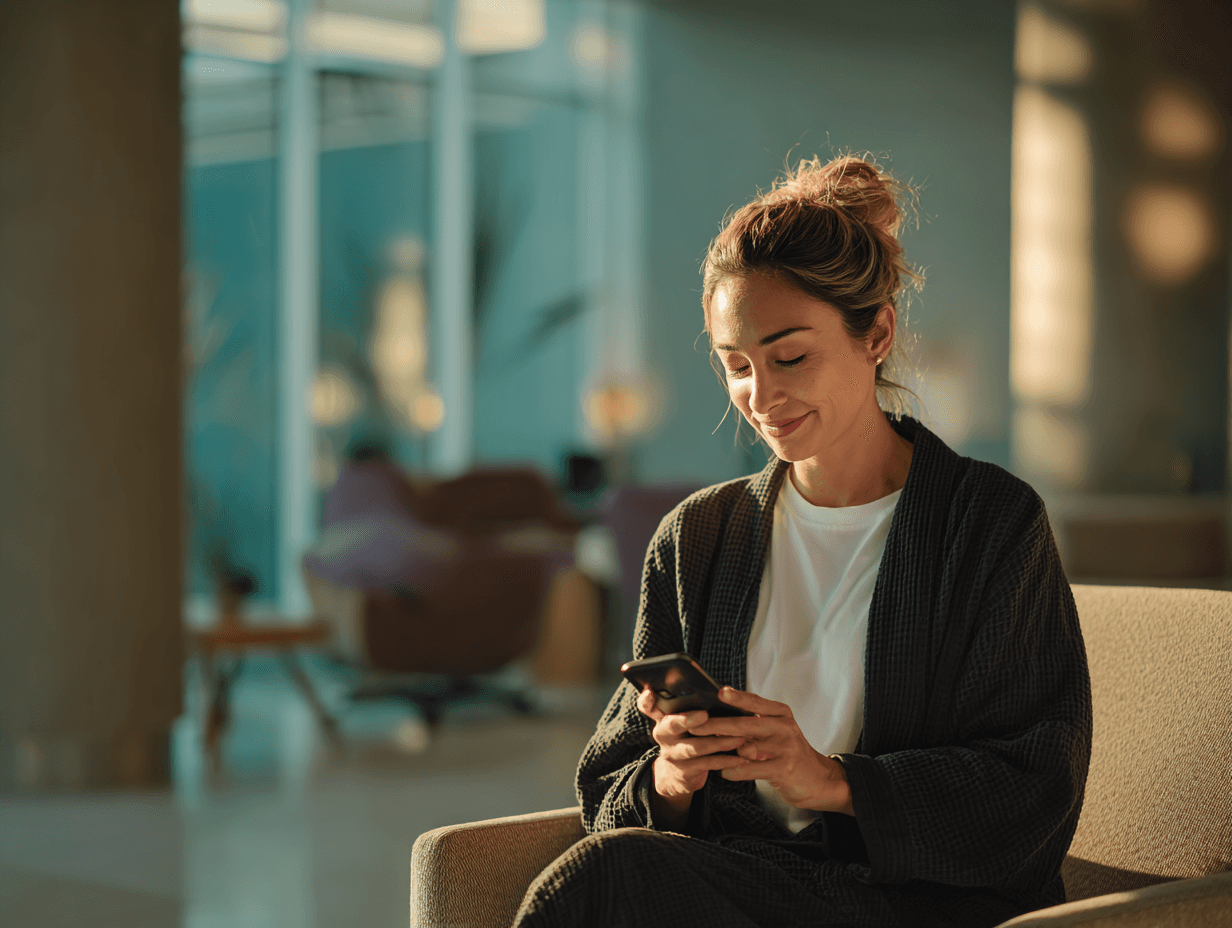 MedSpa patient looking at an appointment reminder ad on their phone, symbolizing how retargeting reduces no-shows and how ClinicROI tracks the resulting increase in visits and revenue.