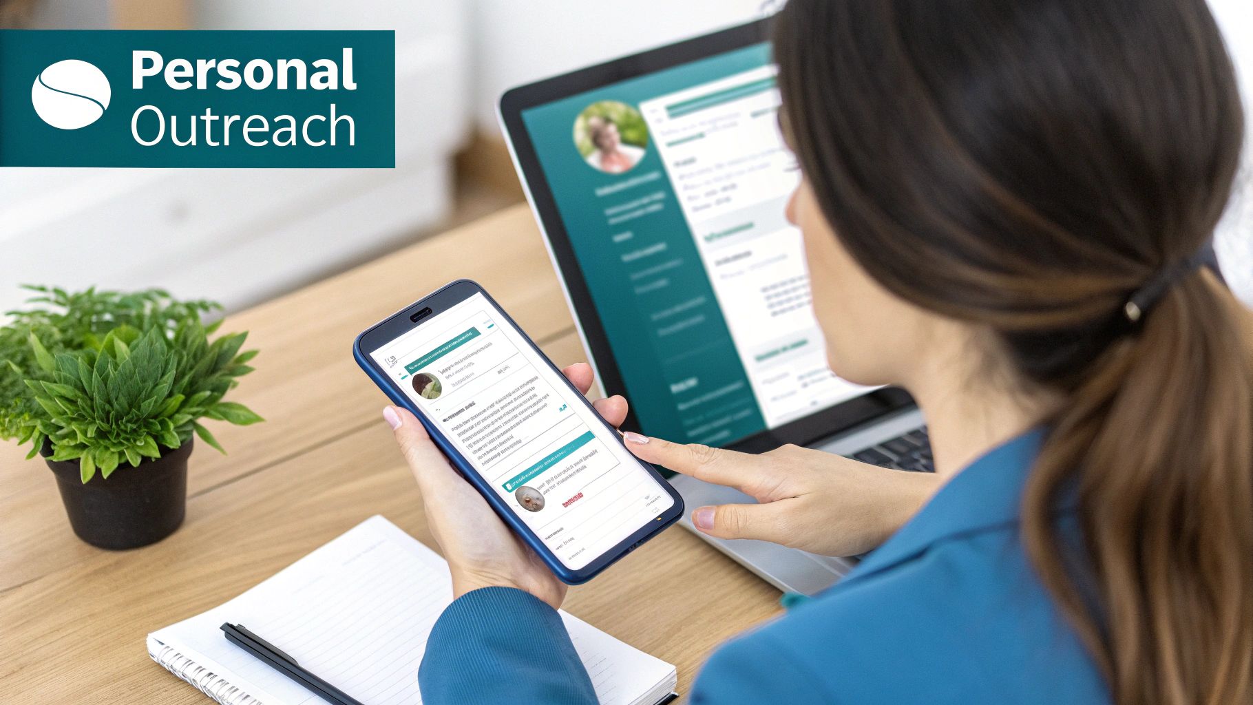 A person uses a smartphone and laptop for professional networking and personal outreach.