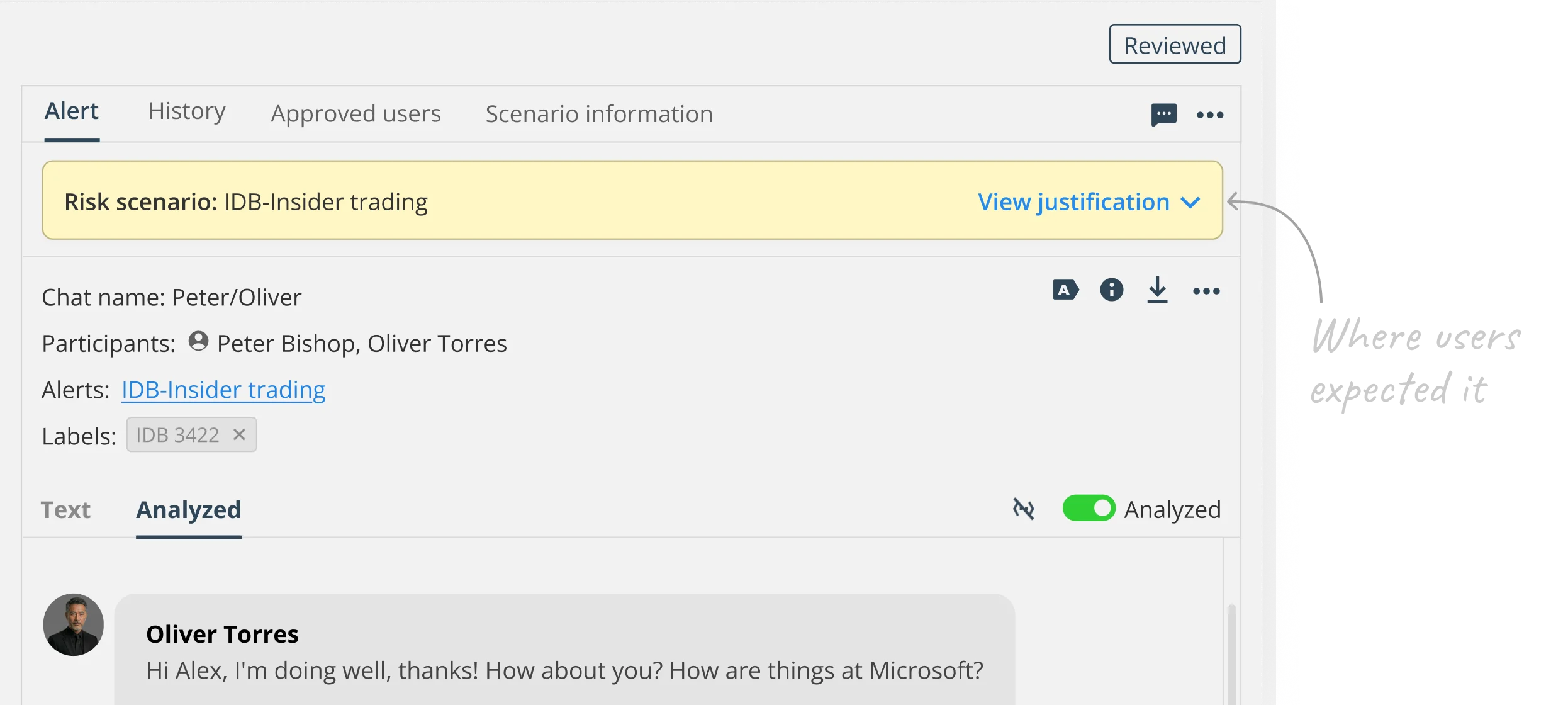 Screenshot of the Behavox alert panel showing the Risk scenario row with a  "View justification" link highlighted. An arrow points to it from a caption  reading "Where users actually went," showing the decision point where users  naturally looked for context before taking action.