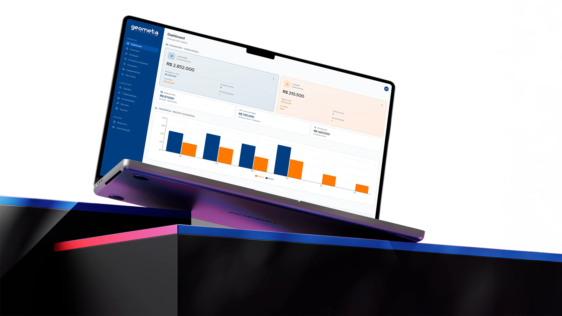 Mockup do sistema da Geometa em um notebook com fundo branco