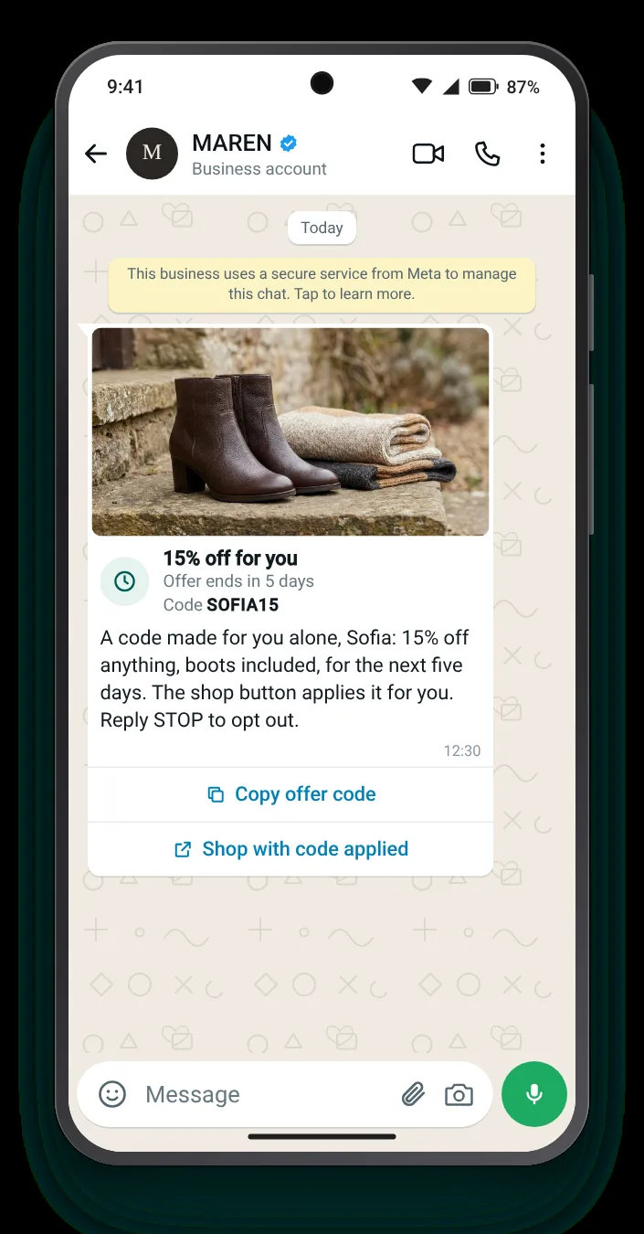 One customer's code, carried in the button URL: WhatsApp limited-time offer on an Android phone