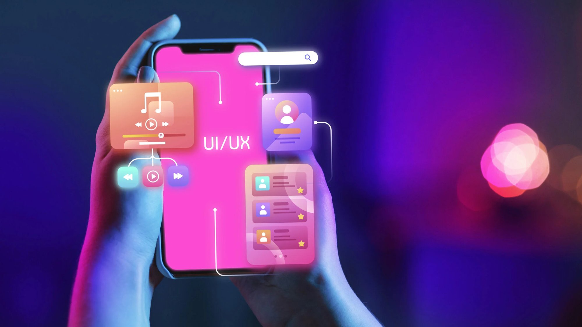 Hands hold a smartphone displaying vibrant UI/UX design elements with a music player and profile.
