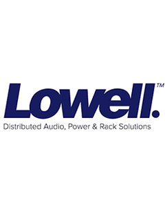 Lowell Distributed Audio, Power & Rack Solutions Logo - Blue, Black and White