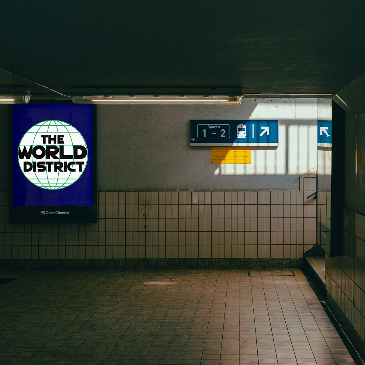 Billboard 9 series: The World District logo mocked up on a transit station billboard advertisement