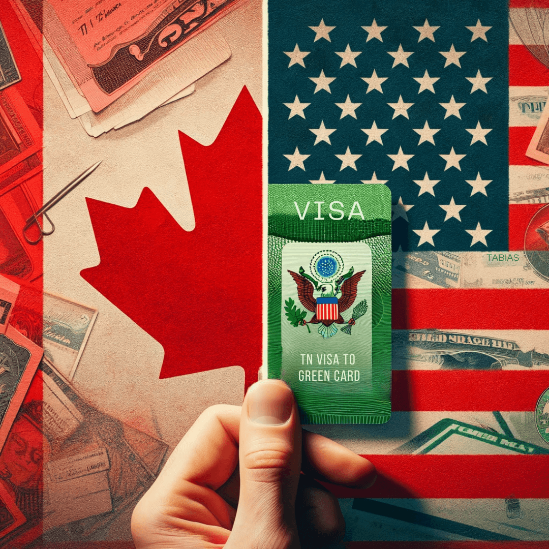A collage depicting the transition from TN Visa to Green Card: one side shows the Canadian flag, representing the TN Visa origin, and the other side displays a U.S. Green Card against an American flag, symbolizing the achievement of permanent residency.