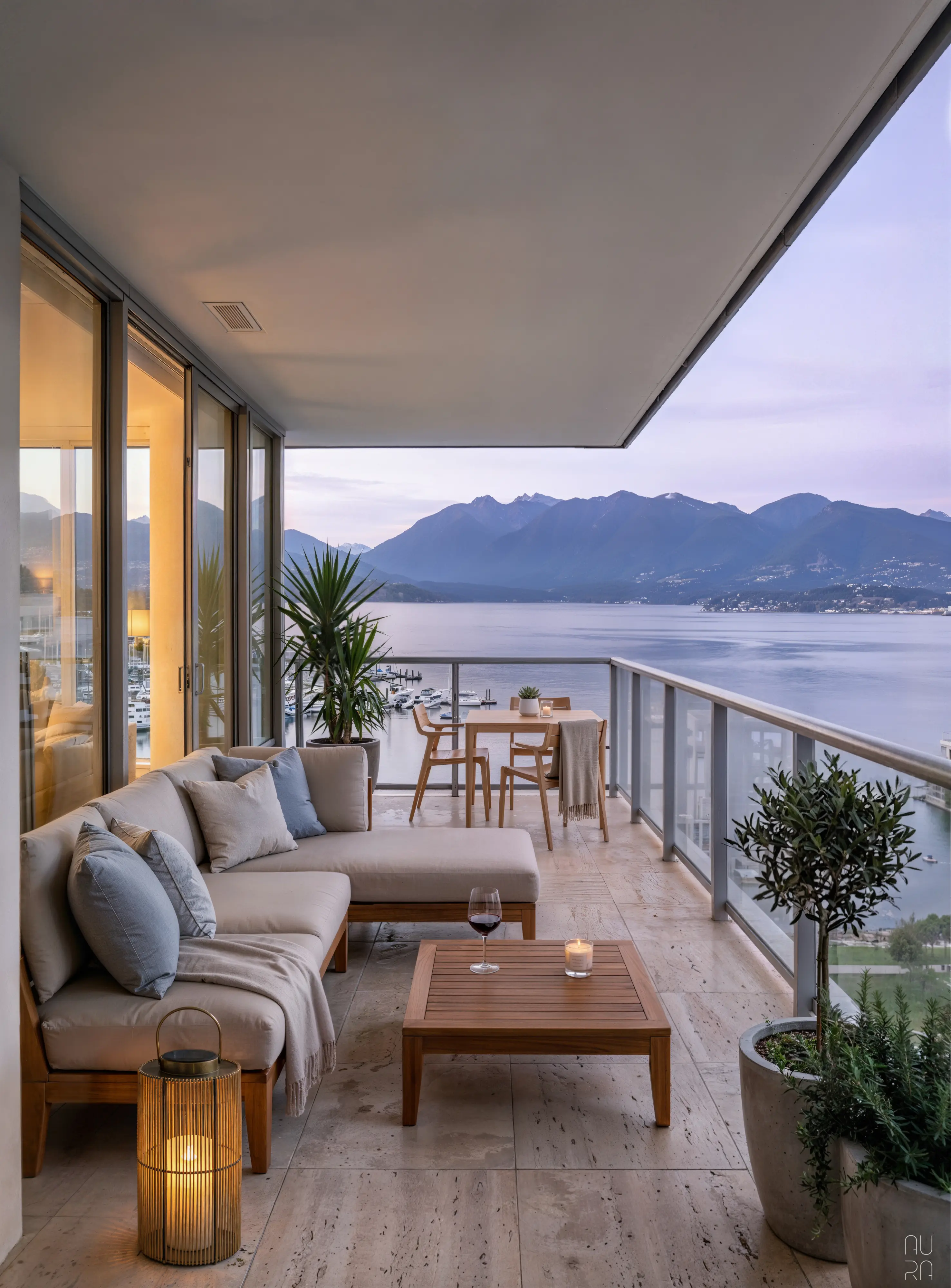 Architectural visualization of Harbourline Residences, Vancouver — luxurious covered terrace with warm indoor lighting and lounge furniture, opening onto panoramic twilight views of the water and mountain peaks.
