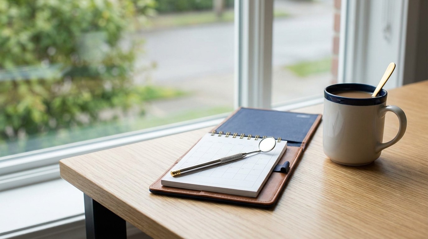 A dental mirror lies on an open calendar planner next to a coffee mug on a wooden desk by a sunny window.
