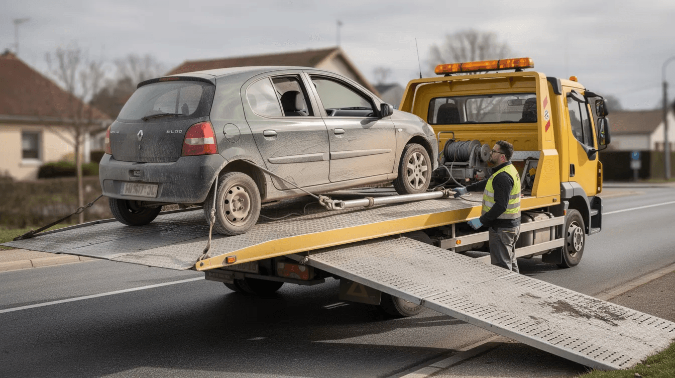 Un camion plateau est en train de charger une voiture non roulante, probablement destinée à être enlevée pour destruction ou recyclage. Cette scène se déroule sur un parking, où le véhicule hors d'usage attend son enlèvement par un professionnel.