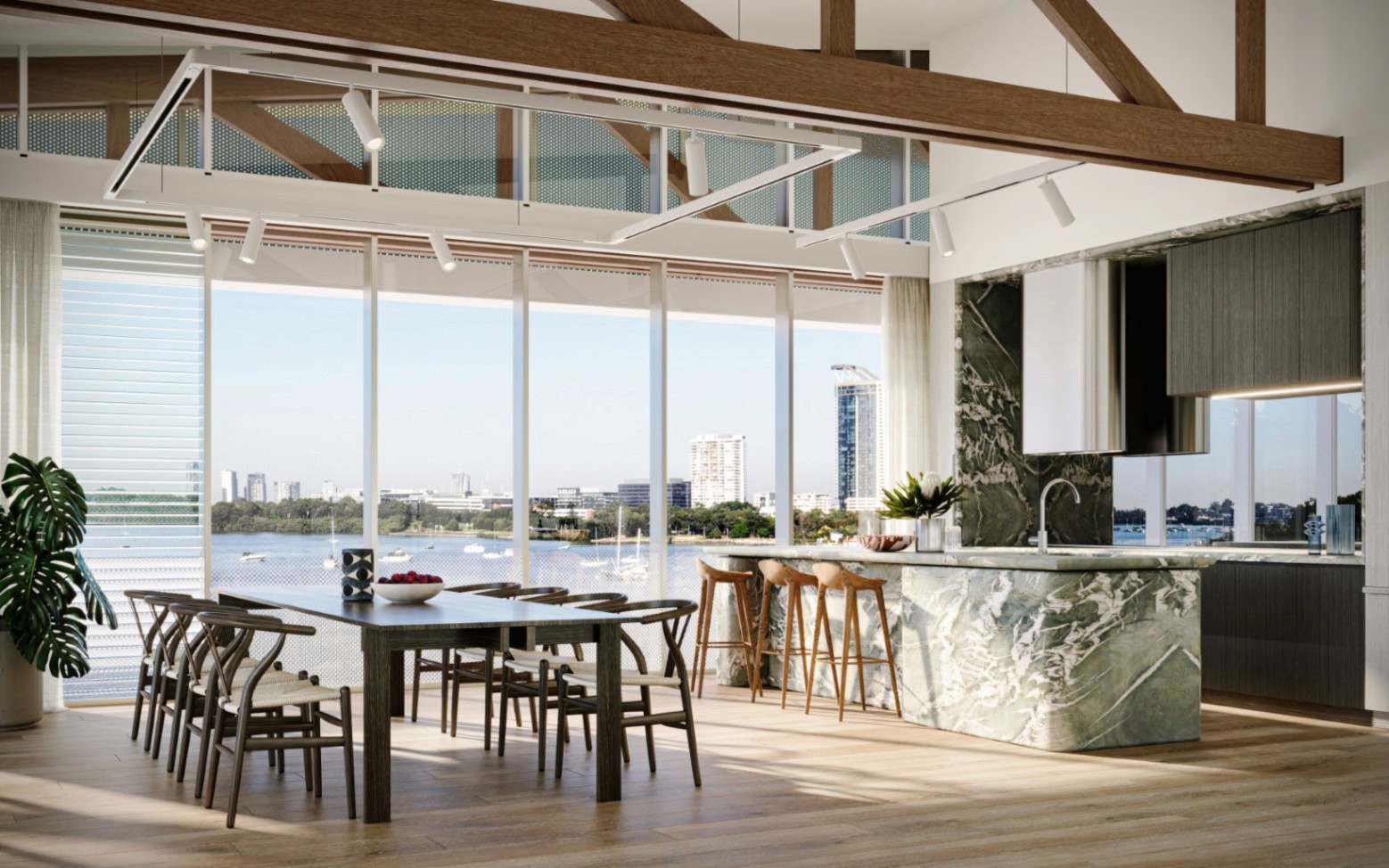 Open-plan dining and kitchen area with floor-to-ceiling glass overlooking the marina