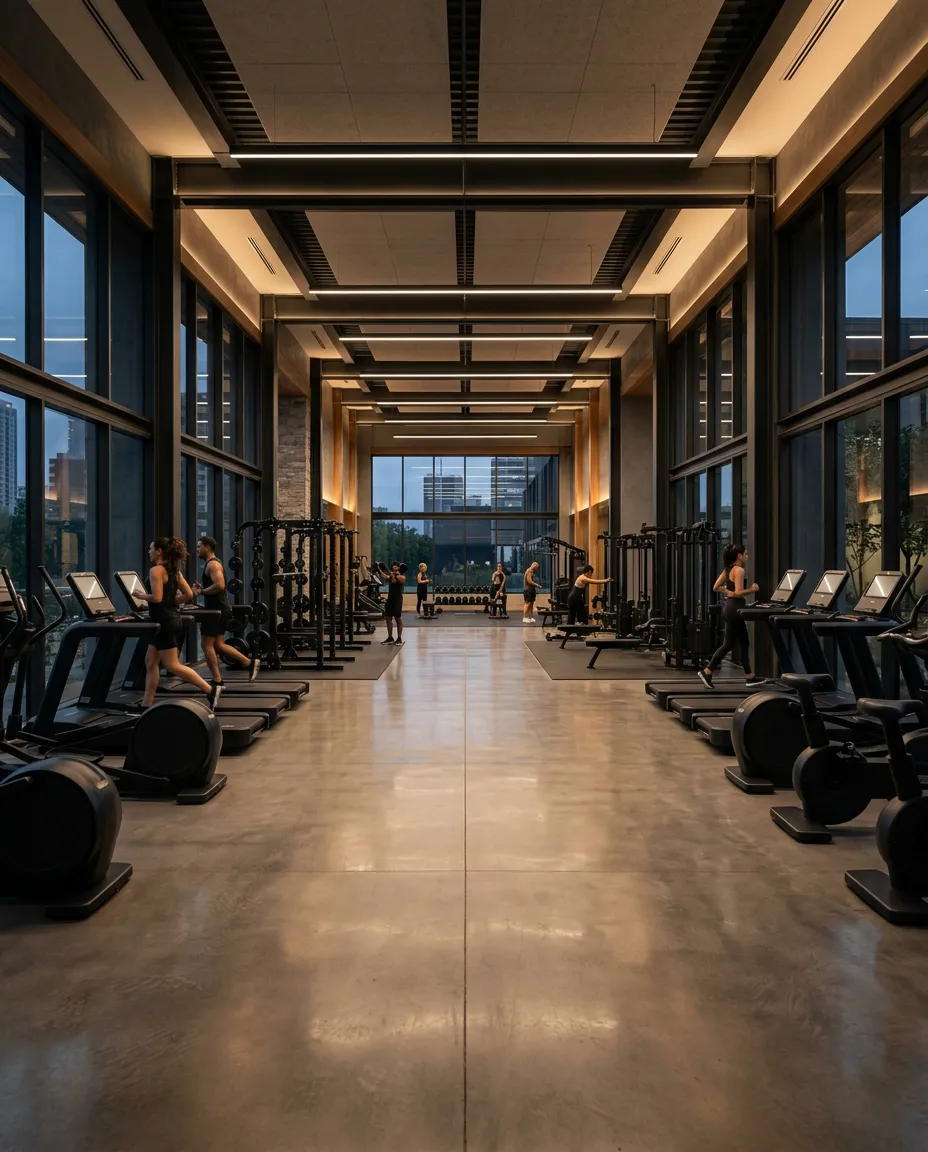 People exercising in a spacious, modern gym with various equipment.