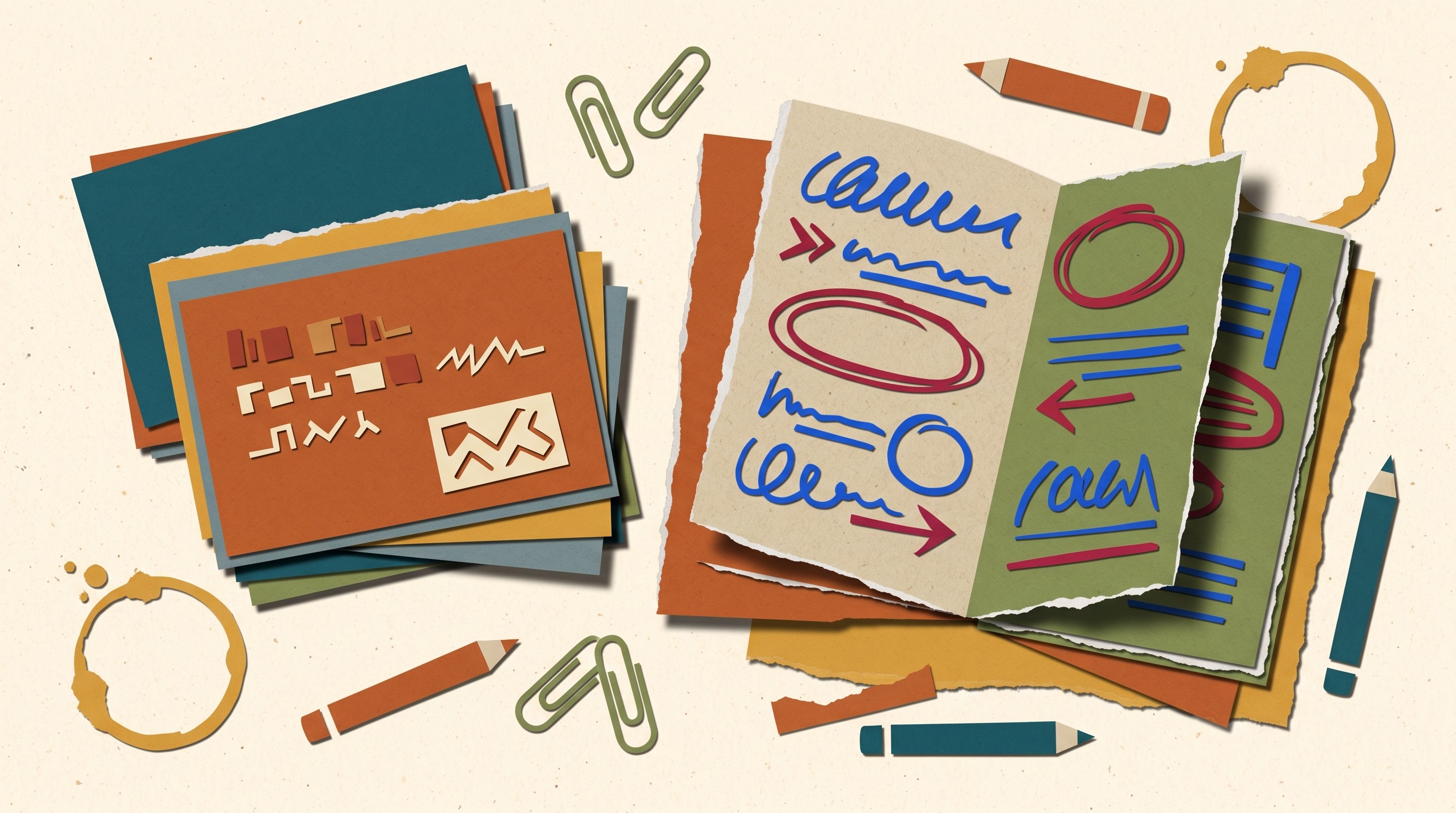 Index cards sorted beside marked-up journal papers